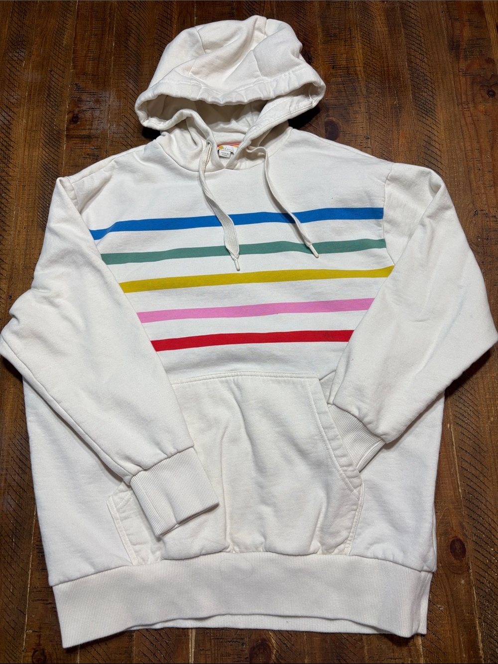 Boden Cream Hoodie Sweatshirt with Rainbow Strips Fleece Lined Womens Size 6